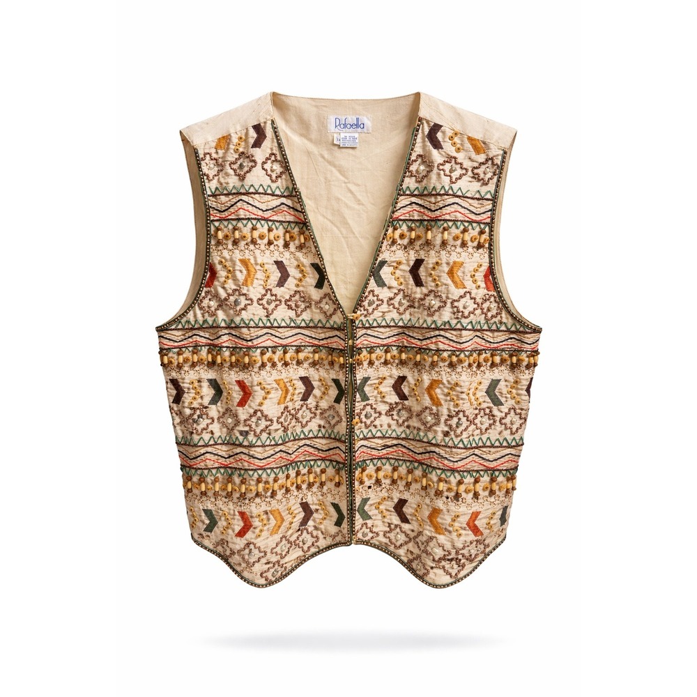 Vintage Rafaella Hippie Silk Beaded Vest Cream Boho Geometric Embroidered S‎ NWT